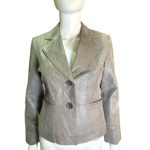 I.E. Leather Jacket Beige Shimmer Cropped Button Up Office Tailored Size S EUC